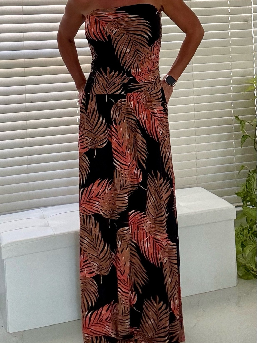 Black Strapless Maxi Dress with Coral and Tan Leaf Print